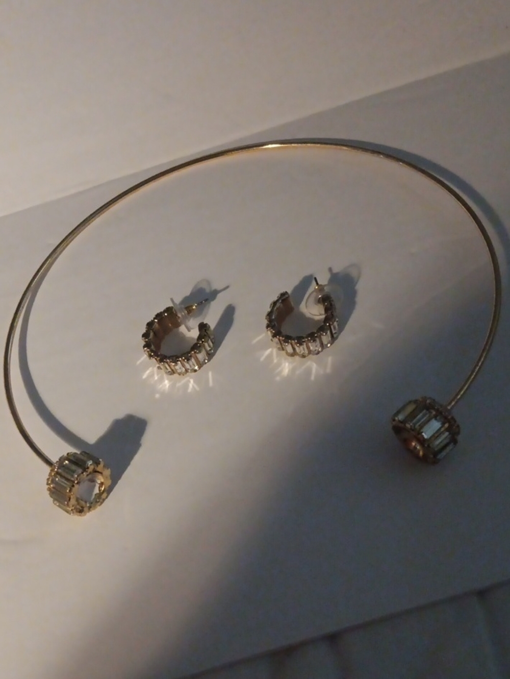 Gold Crystal Necklace and Hoop Earring Set - Gold Tone 0807